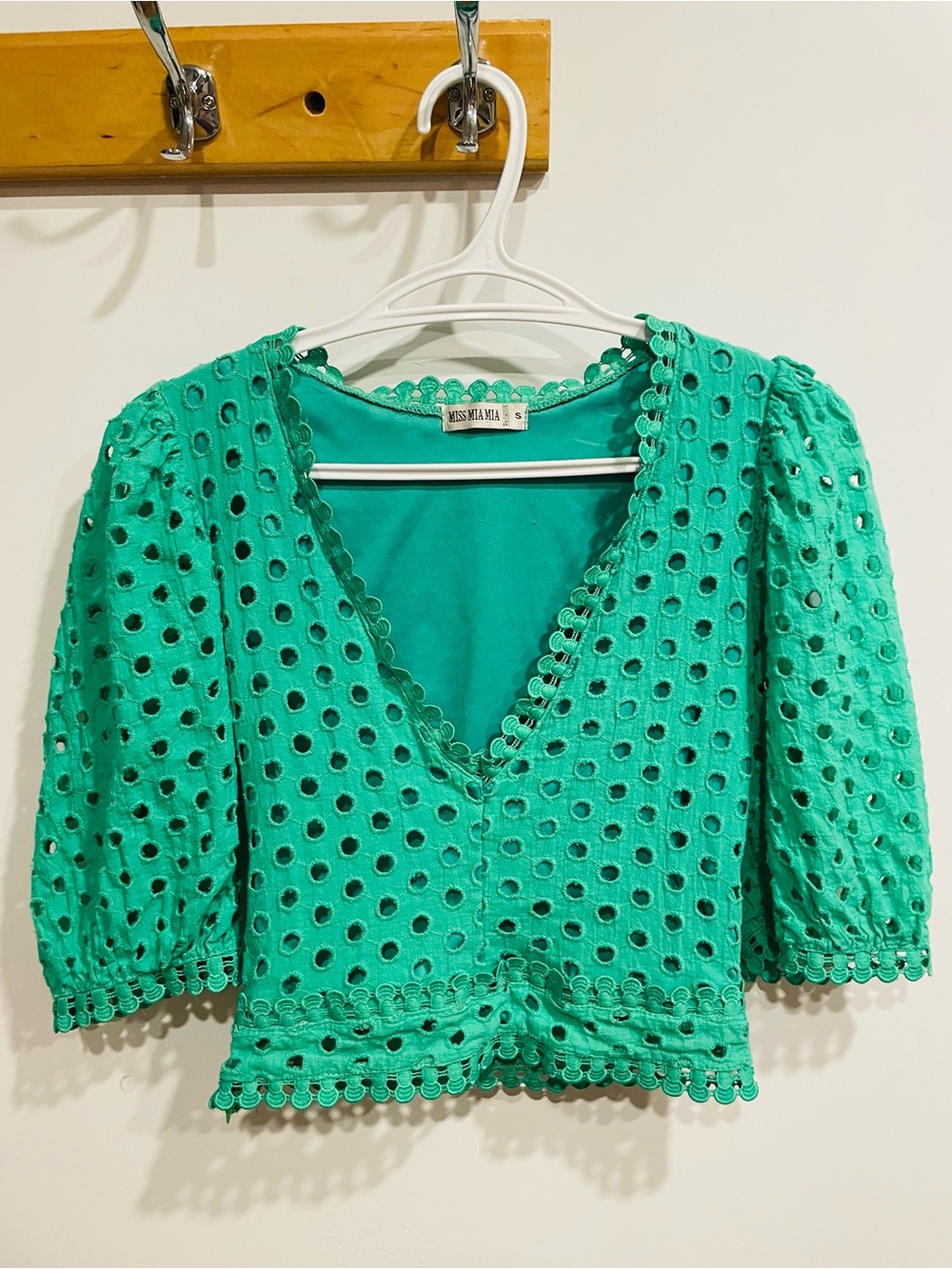 Miss Mia Mia Green Eyelet V-Neck Crop Top